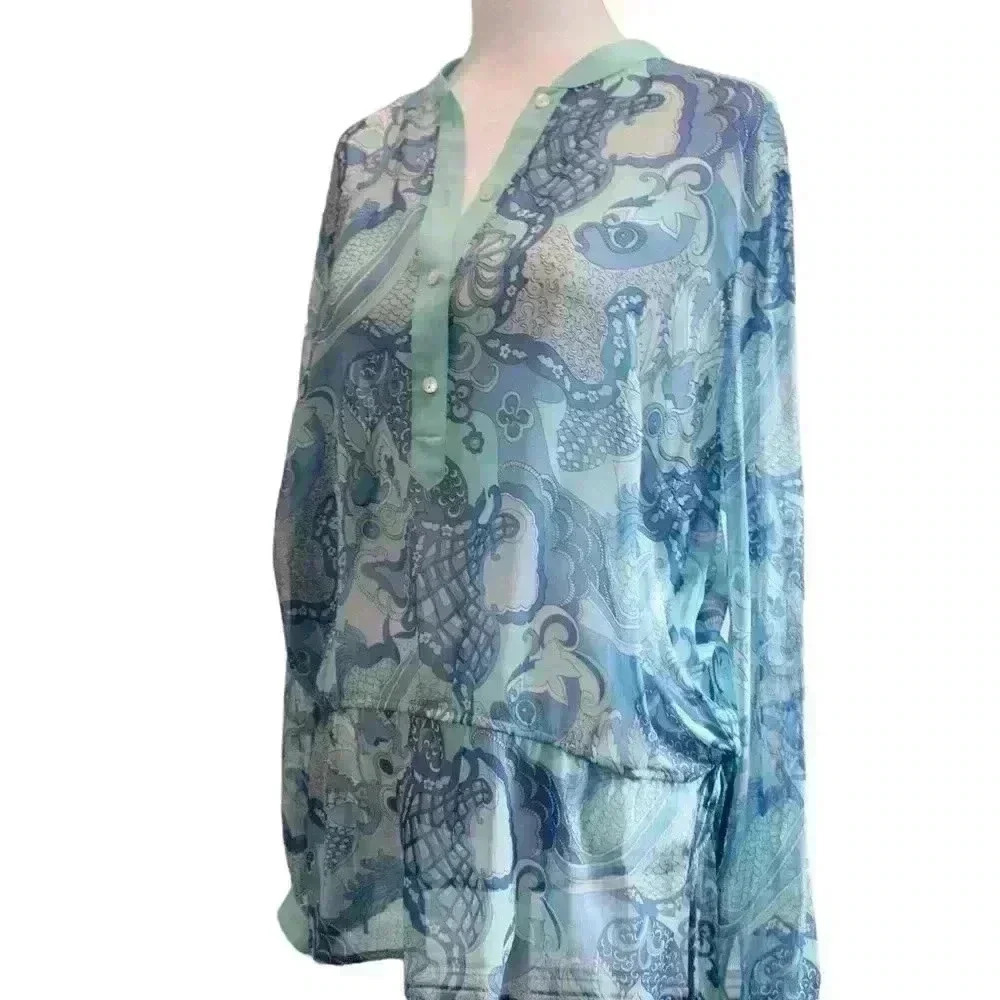 J.McLaughlin Sheer Paisley Tunic Style Top Drawstring Waist Size 8 - Picture 2 of 16